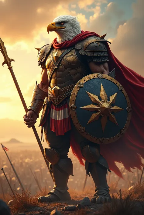 Imagine a full-body shot of a towering warrior hybrid of a bald eagle and a man, symbolizing freedom and power. The eagle-headed warrior wears American military armor, holding a large shield with the American flag and a golden spear. His feathers are majes...