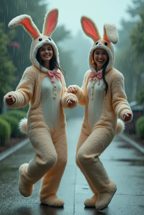 2 women dressed as a bunny costumes with no mascot head, we can se their faces. Dancing in the rain