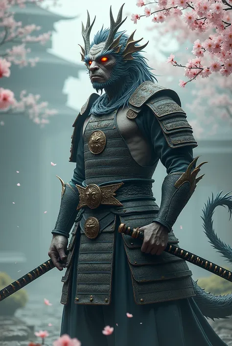 Imagine a samurai warrior hybrid of a man and a dragon, with scaly skin and fiery eyes. The warrior wields a katana with intricate designs, wearing traditional samurai armor with dragon motifs. His posture is strong, and the scene is set in a misty, cherry...