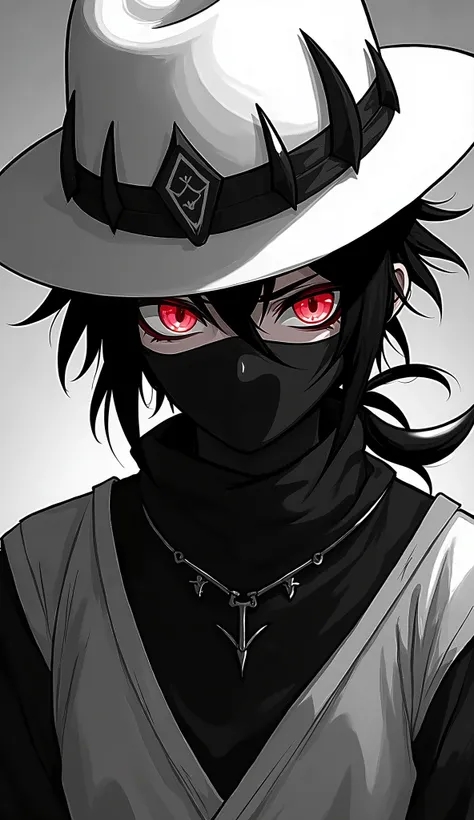 Pirate legend with red eyes, short dark bandana that only covers the mouth and white fedora hat with horn decoration and sharp spikes along the edge, with black and white ninja clothing and a T-shaped collar and dark saturated black and white anime style
