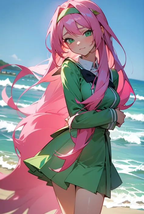 1 girl, long pink hair, Gentle appearance, emerald green eyes, anime style school uniform, High resolution, detailed face, closed mouth, shy, ashamed, slight smile, hair accessory, Love, hair Love, Excited, masterpiece, breasts, walking on the beach