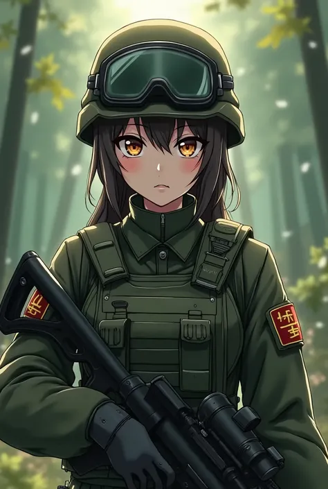 A detailed anime girl in a military uniform, wearing a bulletproof vest, beautiful detailed eyes, beautiful detailed lips, extremely detailed face, long eyelashes, serious expression, holding a rifle, military gear, outdoor forest background, dramatic ligh...