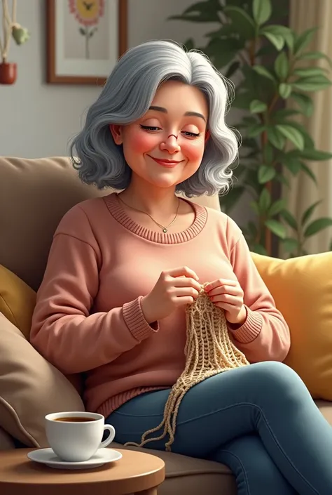 Stunning realistic illustration, 8k image of a lady woman, happy, gray hair, prisoners, in your house, and way,  sitting on a sofa, with a cup of coffee next to it, holding needle and wool thread, crochetando 