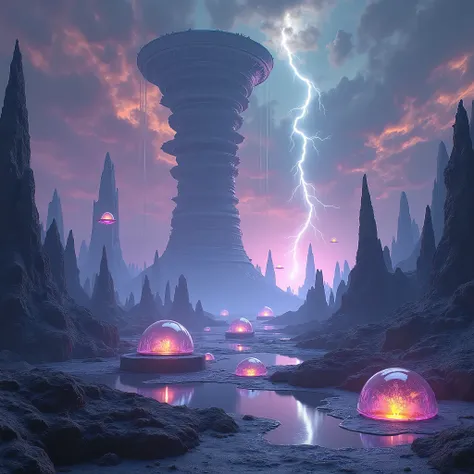 cinematic shot of a surreal alien world with a terrain made of bioluminescent crystalline formations. Jagged, angular crystal spires and floating platforms hover above a ground composed of a reflective, liquid metal alloy, shifting like quicksilver. In the...