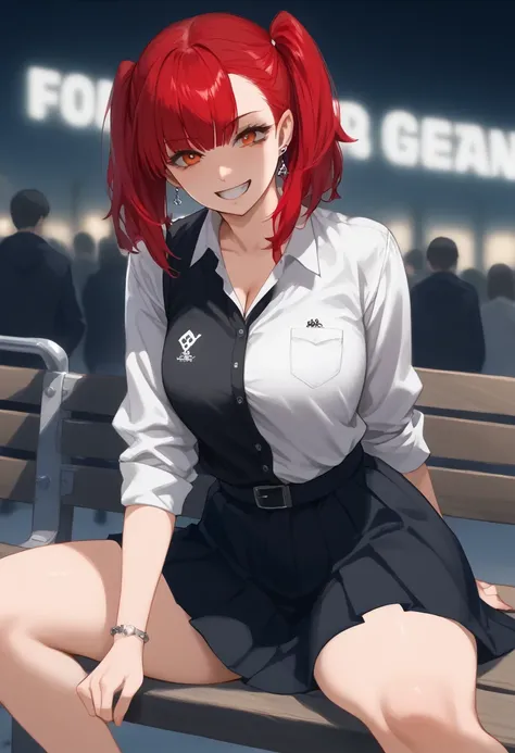 arafed woman with red hair and piercings sitting on a bench, 4k anime style, [[[[grinning evily]]], anime badass 8 k, evil smile...