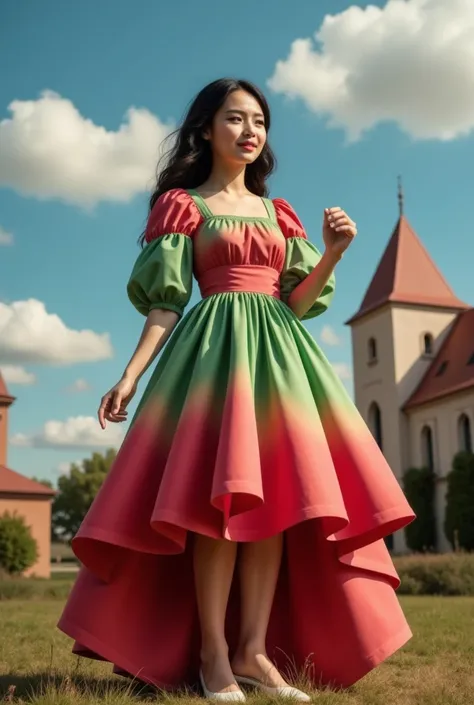 masterpiece photo of a dark-haired full-length woman as sorceress with green eyes dressed in a magical watermelon dress actively says something while gesticulating, a cheerful facial expression, blush, interesting dynamic pose, against the background of co...