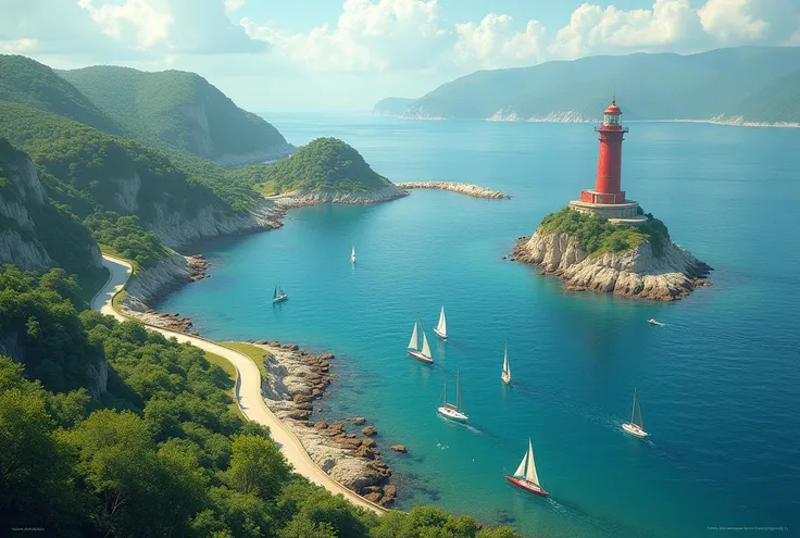 Birds eye view, road by the sea, red lighthouse at the end of the inlet, quiet sea, small boats and sailboats coming and going slowly, summer holiday, sunny day,