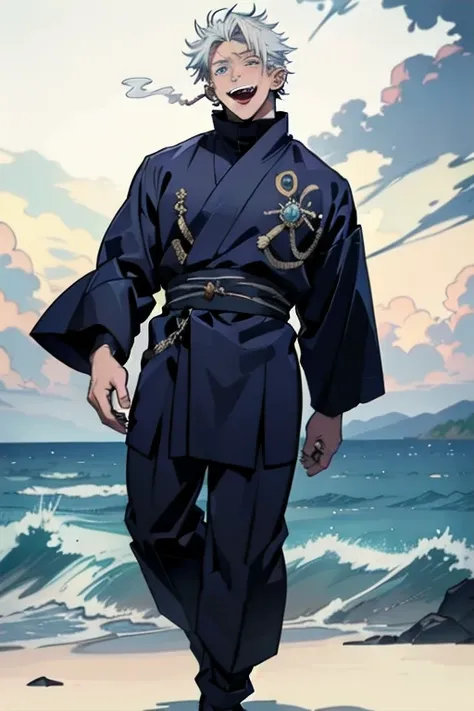 Clothing from the Meiji period　(A beautiful kimono with an intricate purple and gold pattern)(High resolution, Super detailed, High resolution), masterpiece, good looking, Gray Hair, Bright blue eyes, Narrow eyes and detailed face, (((Stormy Sea　On the bac...