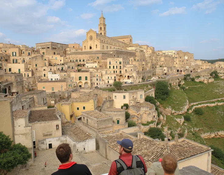 A group of German tourists are visiting Matera, Men with beers in hand climb the steps of the cathedral of Matera on a sunny day. The tourist guide indicates the beauties of the place. In the background the panorama of the Sassi of Matera.