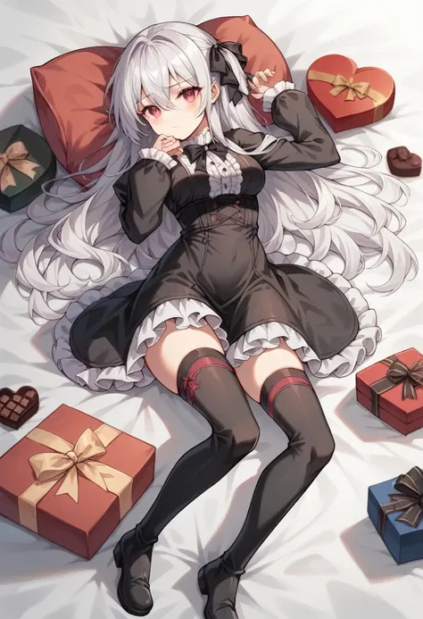 1girl, solo, long hair, breasts, looking at viewer, long sleeves, red eyes, thighhighs, hair between eyes, closed mouth, white hair, grey hair, hair ribbon, frills, boots, lying, pink eyes, on back, black footwear, black dress, black bow, stuffed toy, fril...