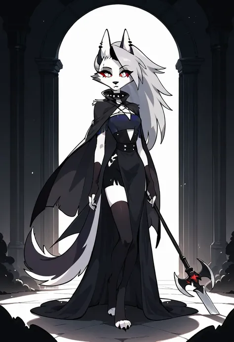 (1girl, solo), perfect body, slim, thigh highs, fingerless gloves,
anthro, robe, furry, cape covering full body, long skirt, pose, sexy, black cape and cloak, hood on, standing, room, holding scythe,  
Loona (Helluva Boss), 