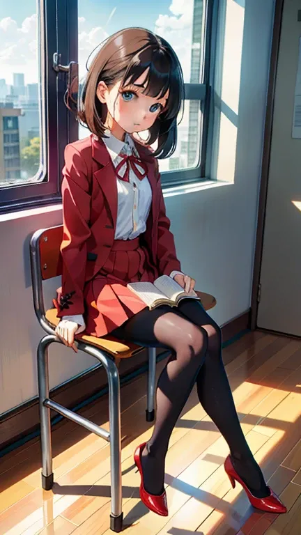 A small, young girl、commission, masterpiece, Best Quality, Absurd, One girl, View Book、Reading a book, v Arms, pantyhose, classroom, , Red Skirt, Red ribbon, blazer, Show off your legs, Beautiful legs,  window, Sitting, chair, Sitting at a desk reading a b...