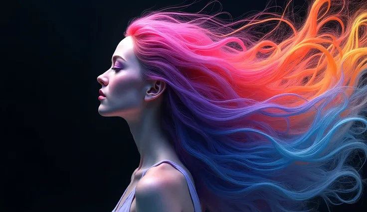 (masterpiece), best quality, Create an image 2560x1440 pixels. The picture shows a female figure in profile, immersed in bright abstract colors. Women&#39;s hair, long and smooth, turn into flowing waves of bright shades, including pink, violet, Orange & B...