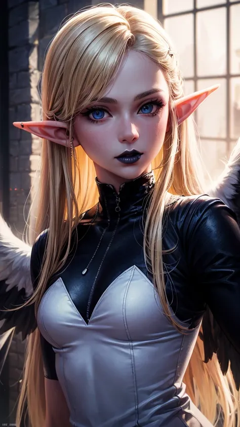 RAW, professional photograph, medium shot, photorealistic, hyper-realistic, ray tracing, super detail, UHD, 8k, female elf, twenty years old, angel, black wings, athletic body, soft facial features, blonde hair, long hair, straight hair, neon blue eyes, bl...