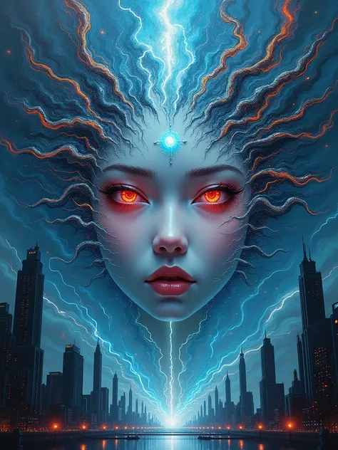 abstract face in a city landscape, a photorealistic painting by Mark English , [:anime line art:0.2], celestial and Heat and Thunder and Water themed, epic splash art , auto-destructive art, , abstract