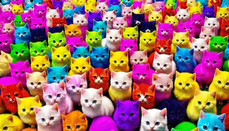 100 kittens and 100 chicks、Colorful kittens and chicks、psychedelic style