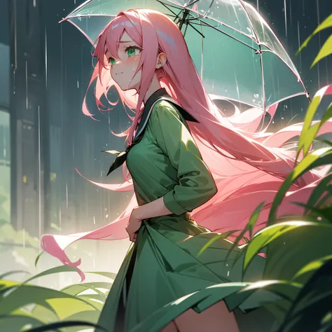 1 girl, long pink hair, Horsetail, Gentle appearance, emerald green eyes, anime style school uniform, High resolution, detailed face, shy, ashamed, hair accessory, Love, hair Love, Excited, masterpiece, breasts, in the darkness of the rain, sad, crying, mu...