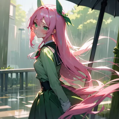 1 girl, long pink hair, Horsetail, Gentle appearance, emerald green eyes, anime style school uniform, High resolution, detailed face, shy, ashamed, hair accessory, Love, hair Love, Excited, masterpiece, breasts, in the darkness of the rain, sad, crying, mu...