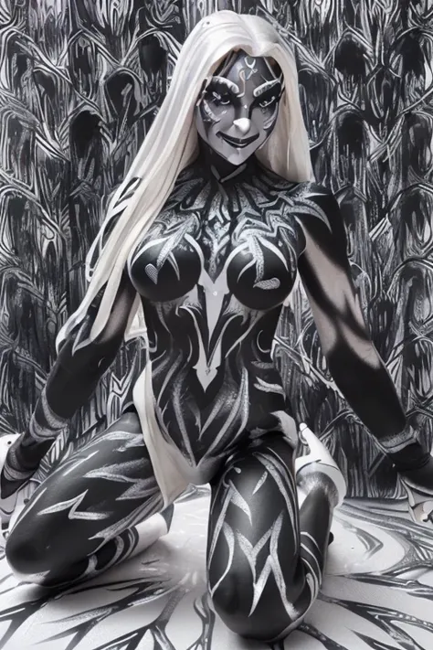 (SFW:1.3), High quality, Elf, (Full body silver body paint:1.5), (Black gradient paint towards the tip of the arms and legs:1.2), Silver body paint, Silver make up, (Black burn-out print pattern body paint:1.7), (White burn-out print pattern body paint:1.7...