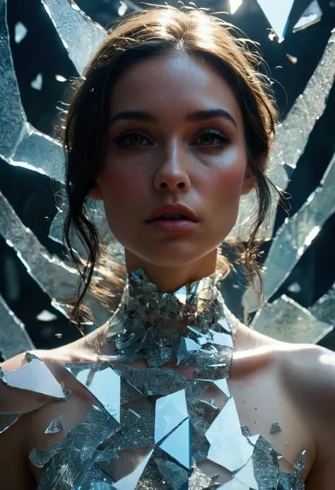 Close-up of a womans face made out of broken glass, with a tattooed neck and chest, in a symmetrical composition. 