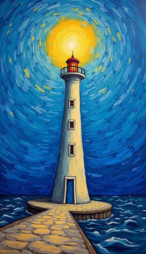 Van Gogh&#39;s Lighthouse、Blue color、oil、Abstract Lighthouse、