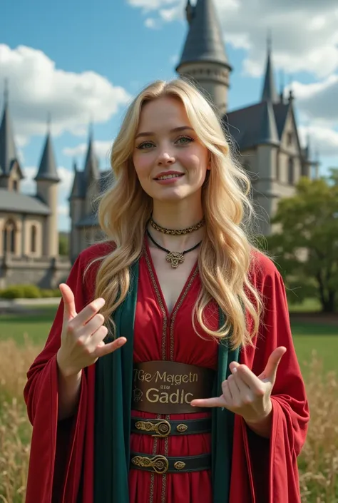 masterpiece photo of a blond-haired full-length woman with green eyes dressed as mage actively says something while gesticulating, a cheerful facial expression, interesting dynamic pose, against the background of college of magic, a rich blue sky with clou...