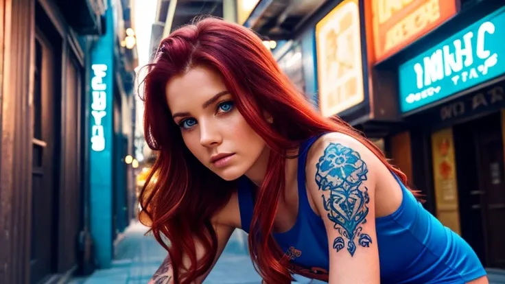 (melanne) a young red-haired woman, 19 years old, (model)
long curly hair, blue eyes,
beautiful face, perfect anatomy, taking pictures
in a city wearing a short gym shorts and a sleeveless shirt, with multi-colored tattoos, sunbathing.
consistent cinematic...