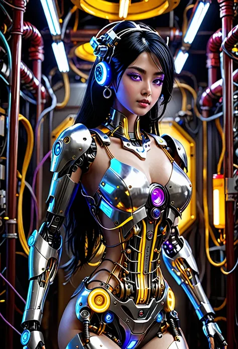 Best Quality、masterpiece、Ultra-high resolution、(Photorealistic:1.4)、RAW Photos、1 girl、Black Hair、Glowing Skin、Robot Girl、((Ultra-Realistic Details))、Portrait、Global Illumination、shadow、Octane Rendering、In 8K、Ultra Sharp、Big Breasts、Raw skin is exposed in t...