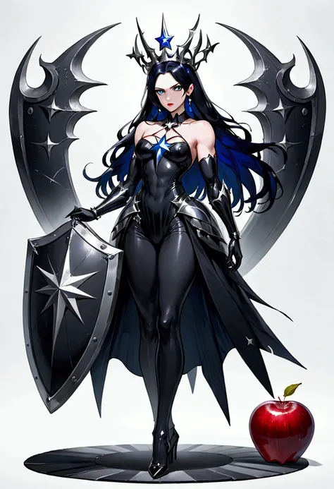 full body portrait, muscular girl,long black hair，，extremely blue blue eyes, Accessories，，poisonous apple in the shape of a classic black shield with a white star in the center，evil witch queen，red lipstick,, black clothes with a white star in the center, ...