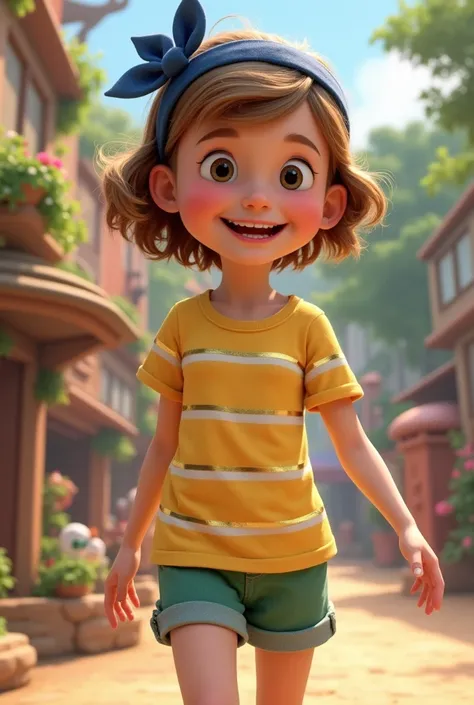  A  girl with light brown hair, a navy blue headband and wears a yellow t-shirt with white and gold stripes, green shorts and white shoes Disney Pixar