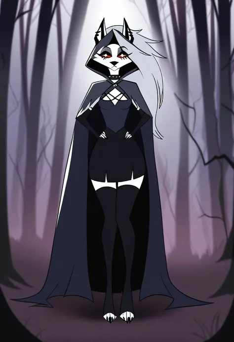 (1girl, solo), perfect body, slim, thigh highs, fingerless gloves,
anthro, robe, furry, cape covering full body, long skirt, pose, sexy, black cape and cloak, hood covered head, standing, forest
Loona (Helluva Boss), 