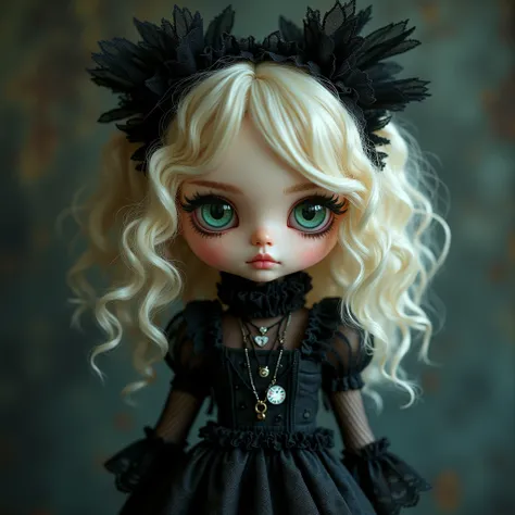 make a blythe doll with dark blonde curly hair, green eyes, white skin. With gothic grunge y2k style