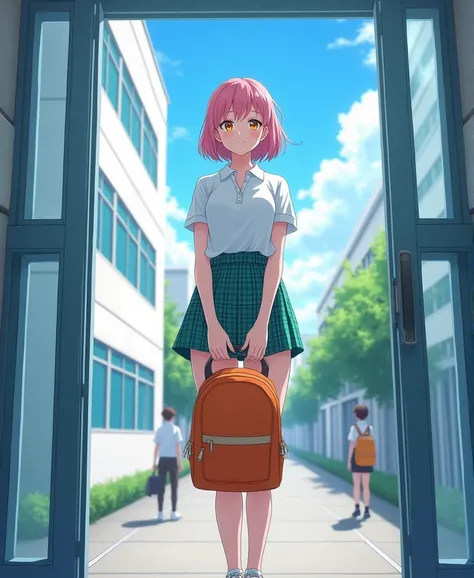 Un mujer standingl blanca estilo anime de 18 años, anime style To Love Ru, standing, at the entrance of a white school with blue tinted windows in Tokyo, There are few students around, with many clouds during the day and blue sky, mide 168 cm, Her measurem...