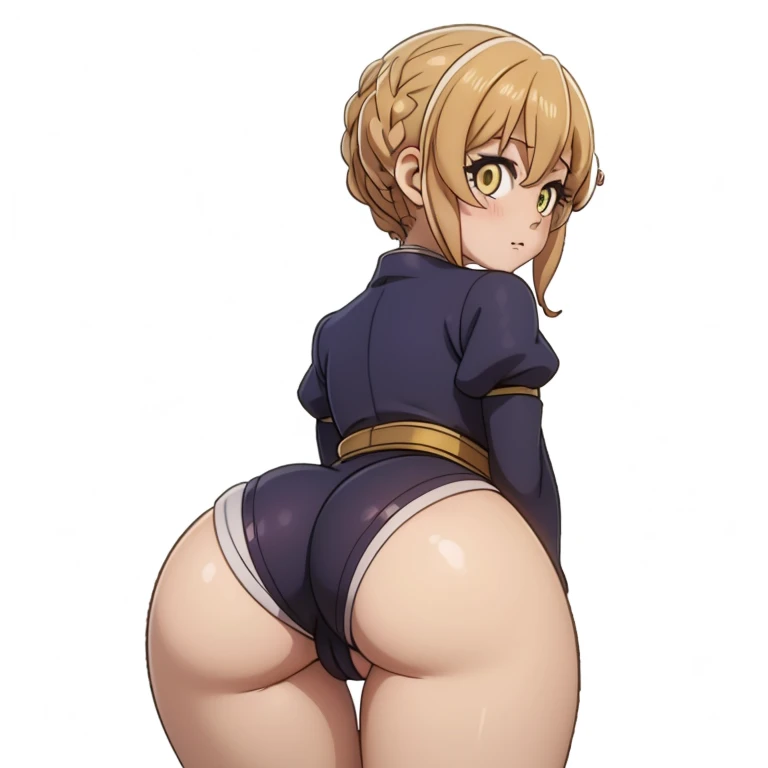 1girl, looking back, booty, blush, amazing, lovely girl, from behind, ((guild girl)), best quality, great artwork, sensual image, bouncing ass, (white background, dynamic face expression, simple background, clean:0.9), eyes detail,  solo, as original,  sol...