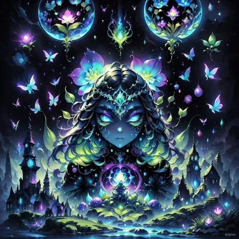 magical plant ghost flower from the abyss,image of an enchanted witch encountering an alien life form, illuminated by biolumines...