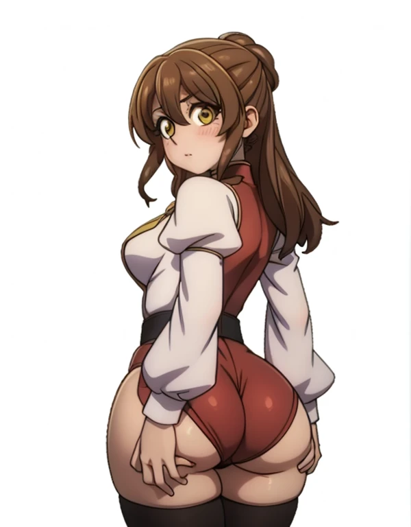 1girl, looking back, booty, blush, amazing, lovely girl, from behind, ((guild girl)), best quality, great artwork, sensual image, bouncing ass, (white background, dynamic face expression, simple background, clean:0.9), eyes detail,  solo, as original,  sol...