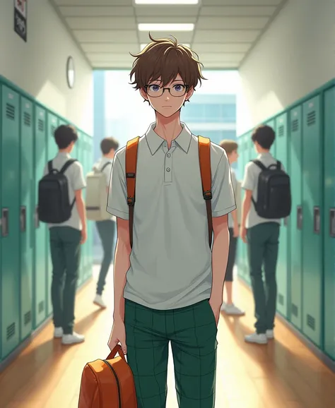 A 19 year old anime style white skinned man, anime style To Love Ru, Standing inside the entrance of a white, wooden-floored school in Tokyo, There are students with the same uniform around with lockers on the sides in a water-green color during the day, m...