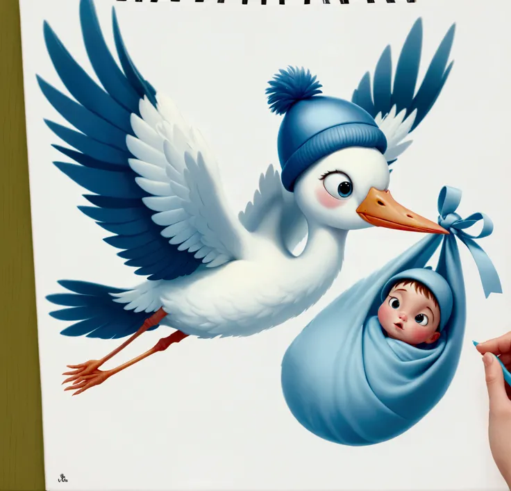 there is a baby in a blue hat and a stork, illustration!, children book illustration, childrenbook illustration, nursery poster, childrens book illustration, children’s book illustration, childrens book illustration, kids book illustration, beautifully ill...