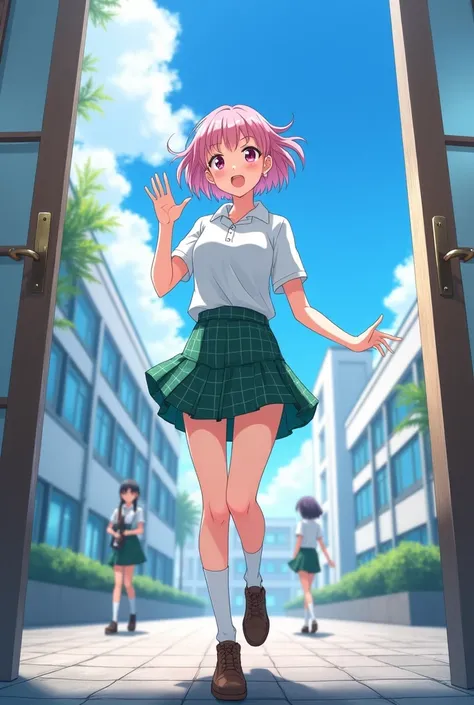 An 18 year old anime style white skinned woman, anime style To Love Ru, He runs away from the entrance of a white school with blue tinted windows in the city of Tokyo, There are few students with the same uniform around, with many clouds during the day and...