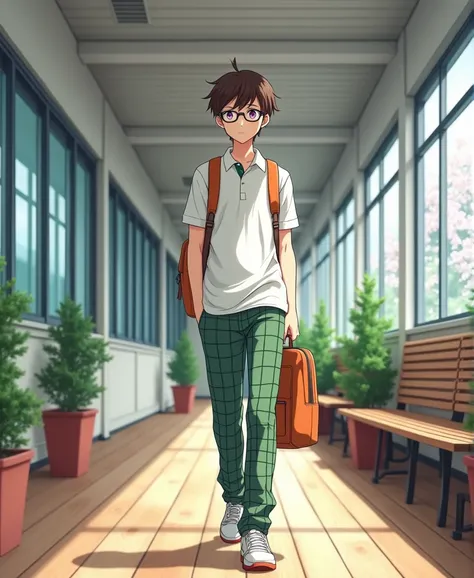 A 19 year old anime style white skinned man, anime style To Love Ru, Walking in a hallway with medium sized potted plants and wooden benches along the hallway of a white, wooden-floored school in Tokyo, There are students wearing the same uniform around, A...