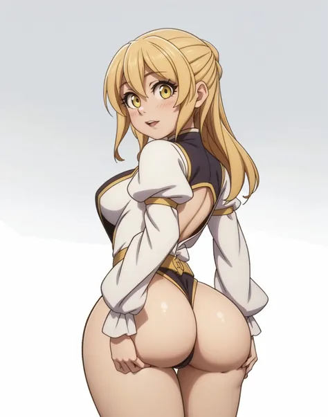 1girl, looking back, booty, blush, amazing, lovely girl, from behind, ((guild girl, blonde hair)), best quality, great artwork, sensual image, bouncing ass, (white background, dynamic face expression, simple background, clean:0.9), eyes detail,  solo, as o...