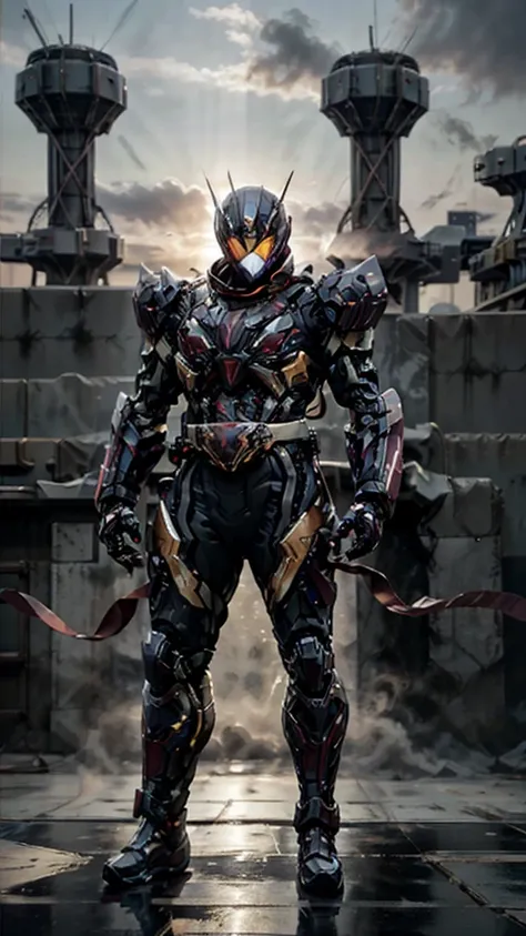 A super a high-tech biotech battle suit, standing on a rooftop, looking over the city, Japanese tokusatsu and American comic style, biometallic texture of the suit, sleek and shiny, dynamic, fast, natural light, cinematic, high quality, high resolution, hi...