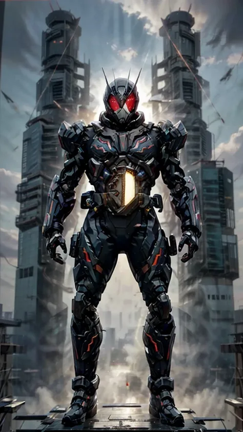 A super a high-tech biotech battle suit, standing on a rooftop, looking over the city, Japanese tokusatsu and American comic style, biometallic texture of the suit, sleek and shiny, dynamic, fast, natural light, cinematic, high quality, high resolution, hi...