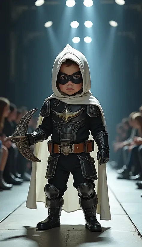 model baby dressed as moonknight in realistic full body fashion show, standing while flexing his weapon