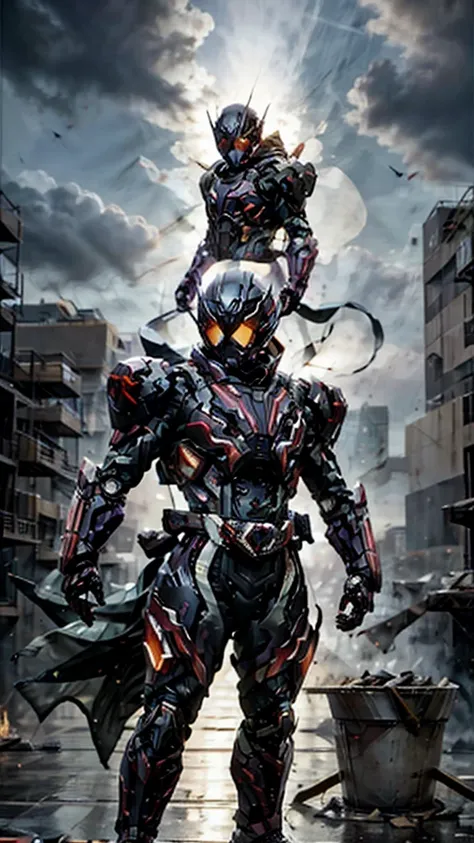 A super a high-tech biotech battle suit, standing on a rooftop, looking over the city, Japanese tokusatsu and American comic style, biometallic texture of the suit, sleek and shiny, dynamic, fast, natural light, cinematic, high quality, high resolution, hi...