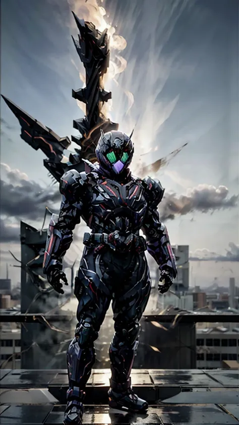 A super a high-tech biotech battle suit, standing on a rooftop, looking over the city, Japanese tokusatsu and American comic style, biometallic texture of the suit, sleek and shiny, dynamic, fast, natural light, cinematic, high quality, high resolution, hi...