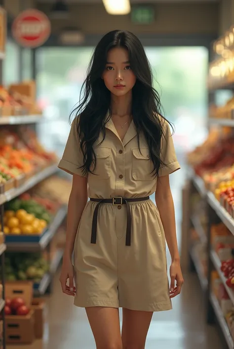  girl, 160 cm tall, long thick black hair, beautiful face, wearing a roll-up dress, shoes and socks, grocery store background