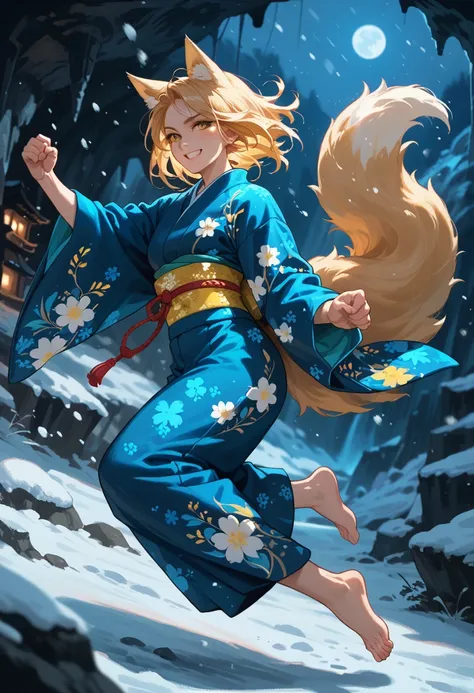 1girl,solo,floral pattern,kimono, blue white and yellow, fox girl, night , snow storm, floating , action pose, fluffy tail, hold...