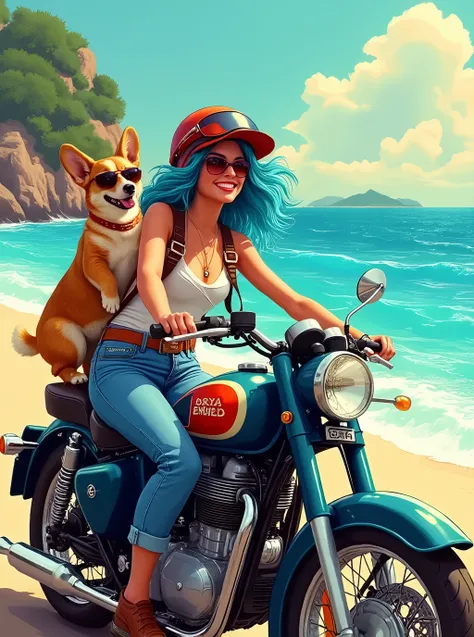 Turquoise blue coastline sparkling in the morning sun Old Rasta colored Royal Enfield motorcycle and cool western style woman with flowing blue hair and smiling corgi dog wearing cute helmet and sunglasses being carried on her back Masterpiece, Best Qualit...