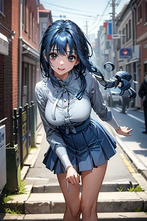 Best Quality、High resolution、Photorealistic、Big Breasts、Tight waist、Stylish body、No frame splitting、((Blue Hair:1.8))、((White Uniform:1.5、Four vertical ribbons on the collar、Blue mini skirt))、Cute smile、The landing of the emergency stairs at school、blue sk...